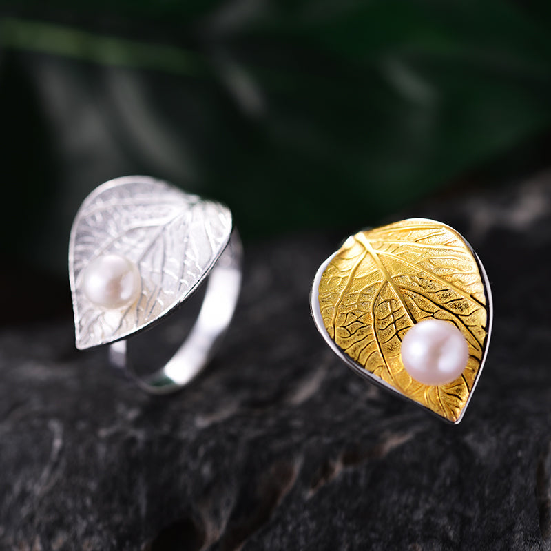 Rain Drop Pearl Leaf Ring - Gold