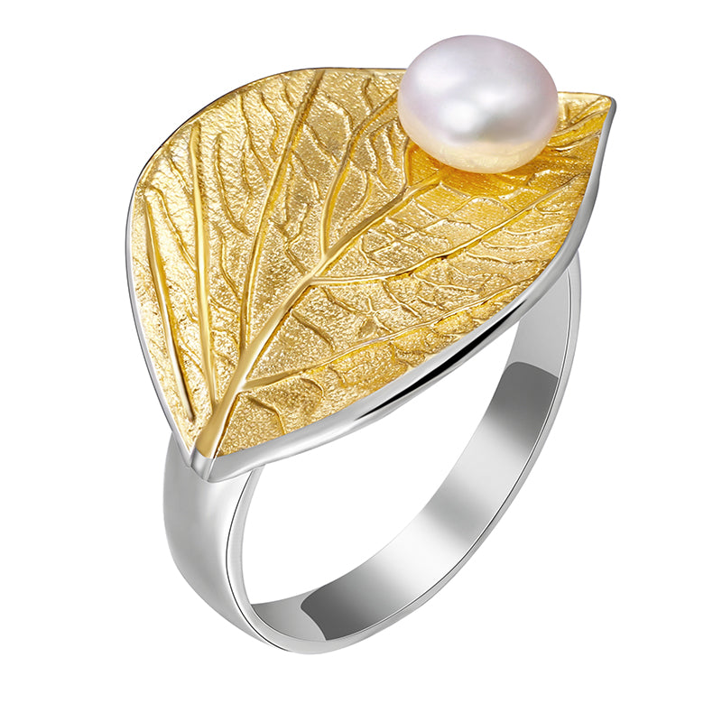 Rain Drop Pearl Leaf Ring - Gold