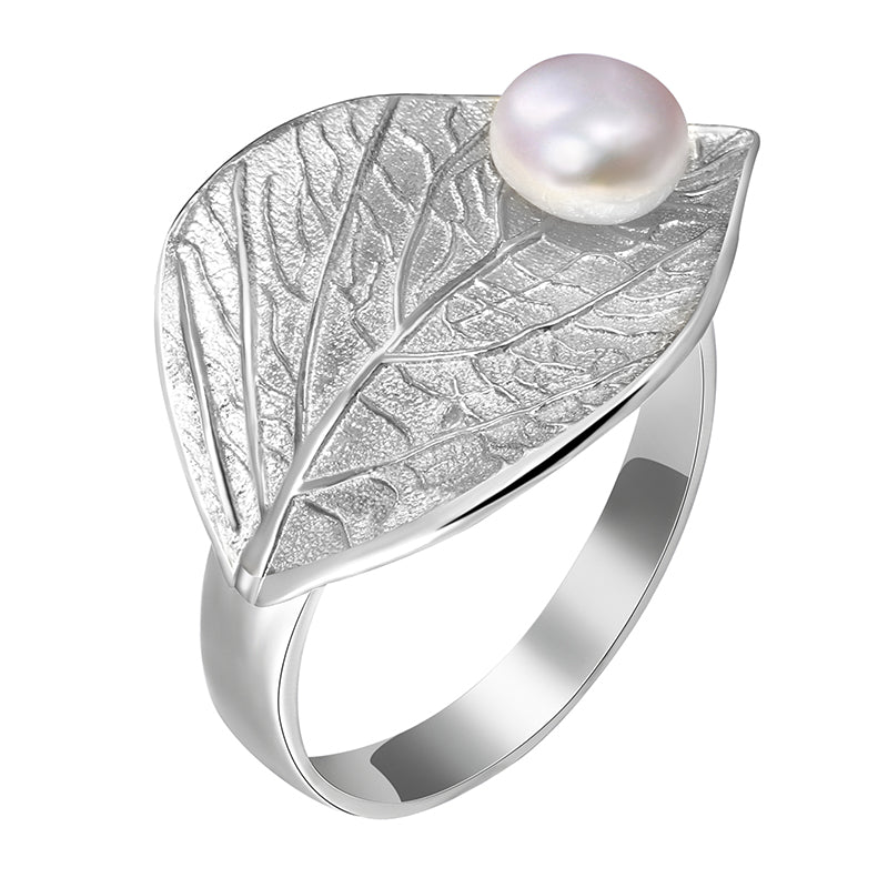 Rain Drop Pearl Leaf Ring - Silver